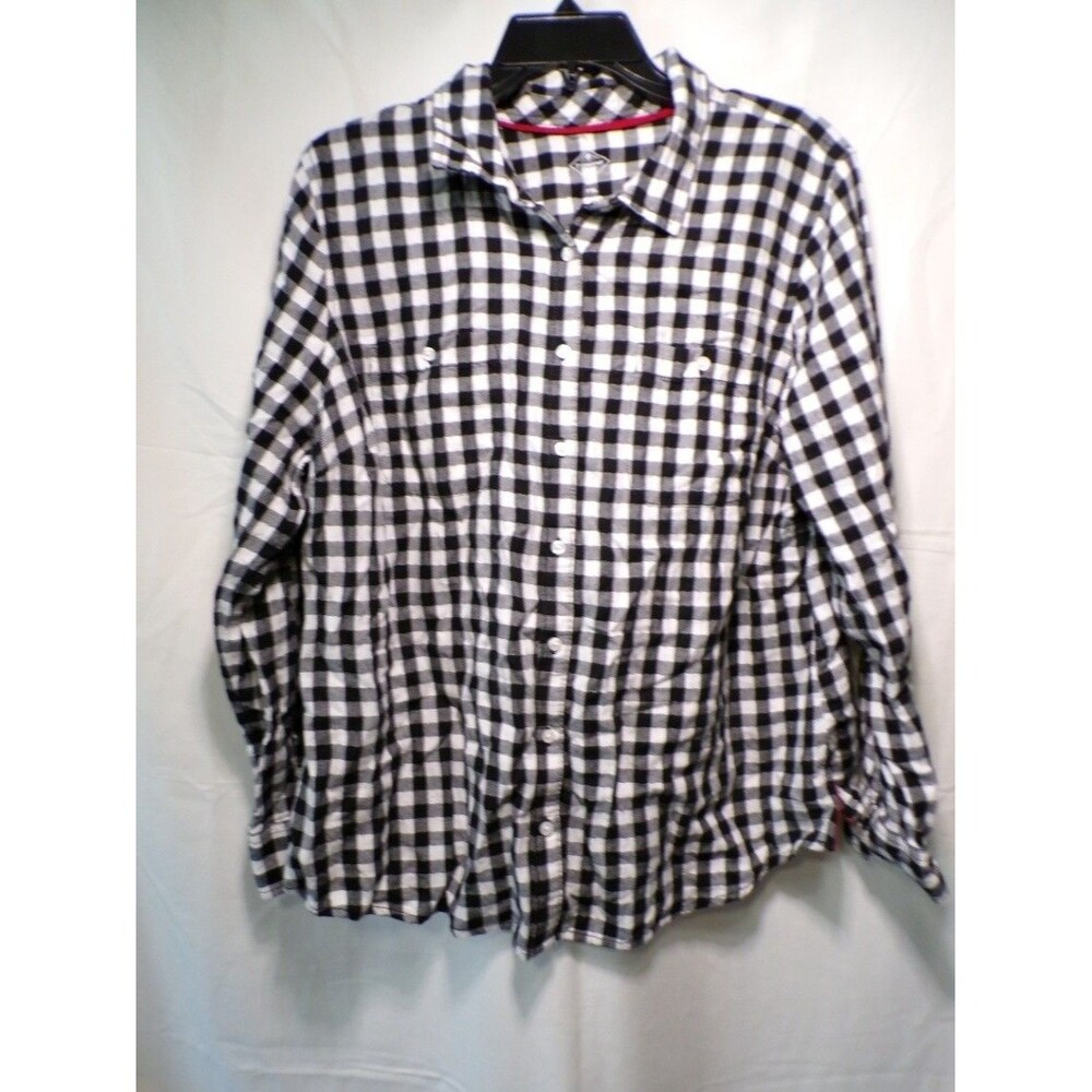 St. John's Bay Women's PXL Black White Plaid Cotton Button Down Shirt